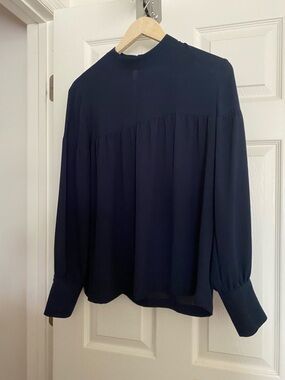 NWOT LOFT Navy High-Neck Long-Sleeve Blouse Medium
